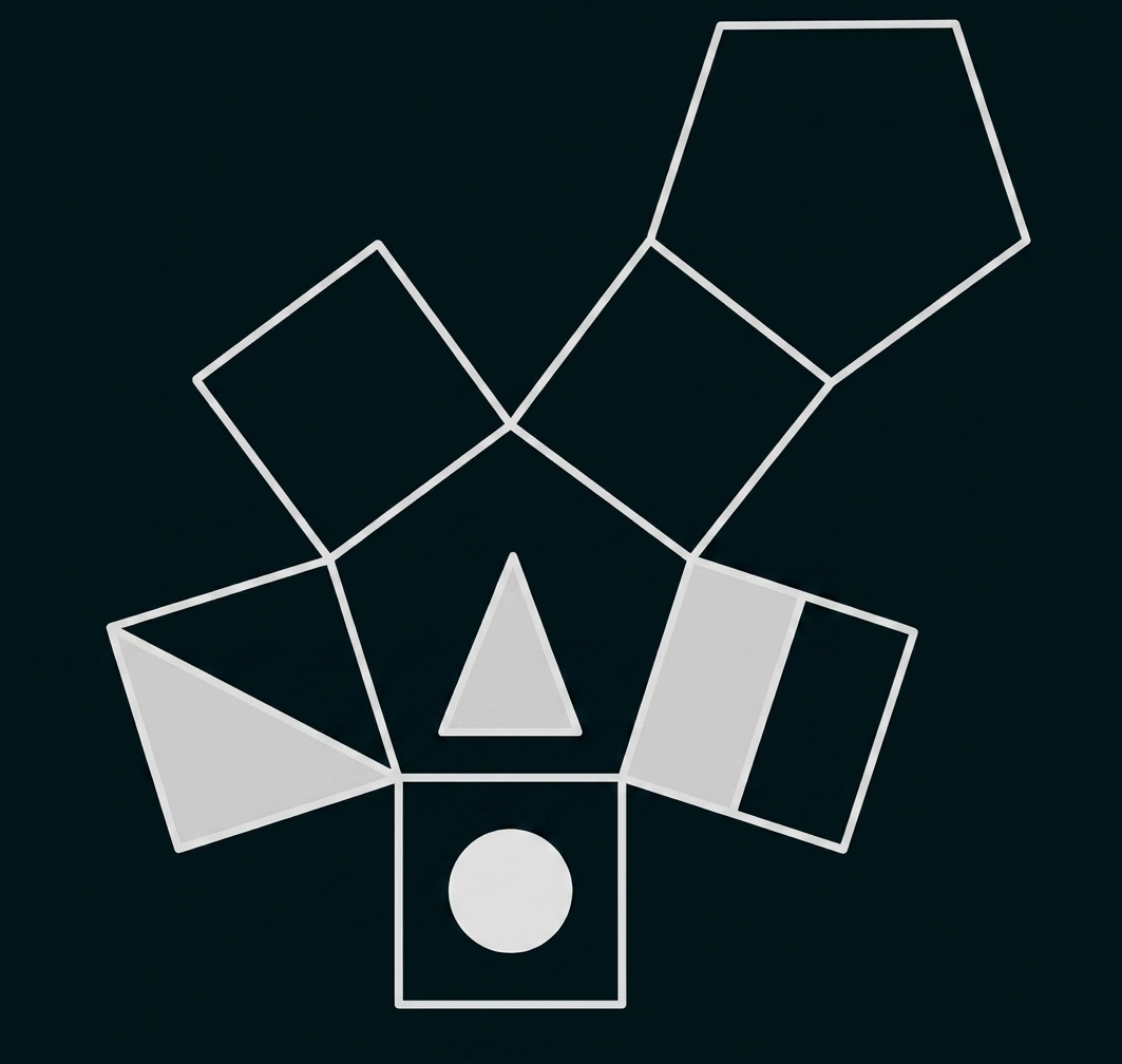 Geometrische Formen in einer abstrakten Anordnung mit mehreren Fünf- und Vierecken.